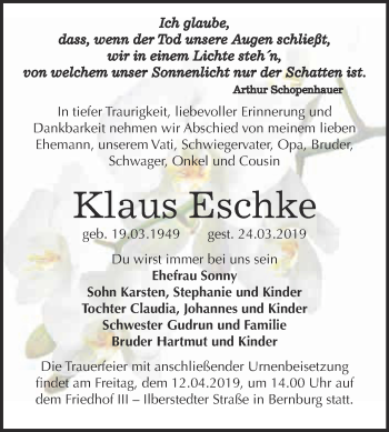 Traueranzeige von Klaus Eschke von Super Sonntag Bernburg