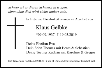 Traueranzeige von Klaus Gelbke von Mitteldeutsche Zeitung Bitterfeld