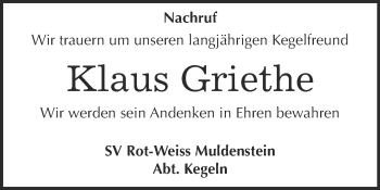 Traueranzeige von Klaus Griethe von WVG - Wochenspiegel Bitterfeld