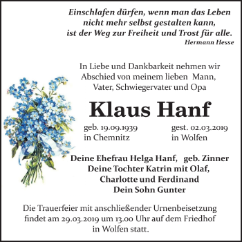 Traueranzeige von Klaus Hanf von Mitteldeutsche Zeitung Bitterfeld