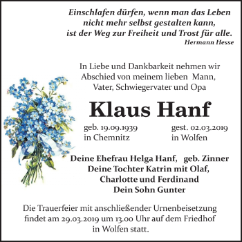 Traueranzeige von Klaus Hanf von WVG - Wochenspiegel Bitterfeld