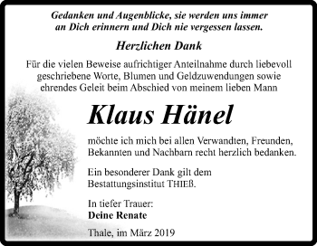 Traueranzeige von Klaus Hänel von Mitteldeutsche Zeitung Quedlinburg
