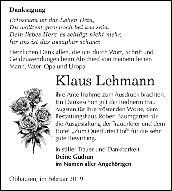 Traueranzeige von Klaus Lehmann von Mitteldeutsche Zeitung Merseburg/Querfurt