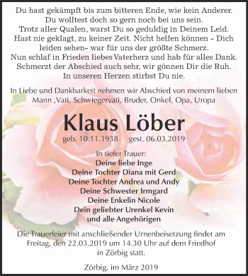 Traueranzeige von Klaus Löber von WVG - Wochenspiegel Bitterfeld