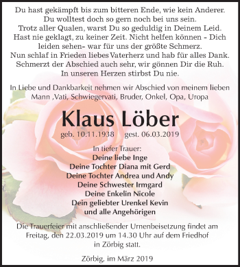 Traueranzeige von Klaus Löber von Mitteldeutsche Zeitung Bitterfeld
