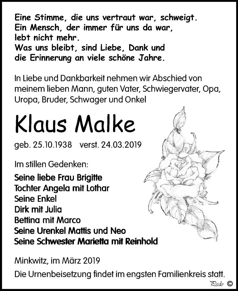  Traueranzeige für Klaus Malke vom 30.03.2019 aus Mitteldeutsche Zeitung Zeitz
