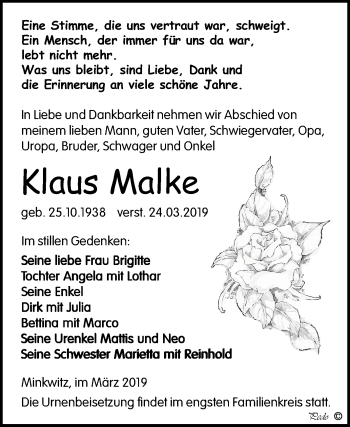 Traueranzeige von Klaus Malke von WVG - Wochenspiegel NMB / WSF / ZTZ
