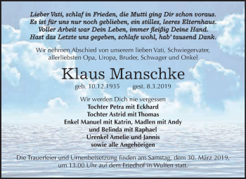 Traueranzeige von Klaus Manschke von WVG - Wochenspiegel Dessau / Köthen