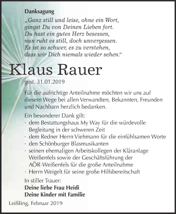 Traueranzeige von Klaus Rauer von WVG - Wochenspiegel NMB / WSF / ZTZ