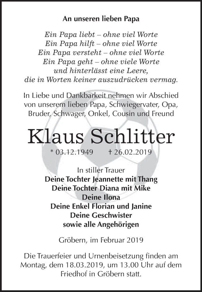  Traueranzeige für Klaus Schlitter vom 06.03.2019 aus WVG - Wochenspiegel Bitterfeld