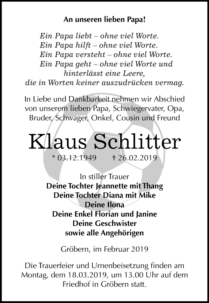  Traueranzeige für Klaus Schlitter vom 09.03.2019 aus Mitteldeutsche Zeitung Bitterfeld
