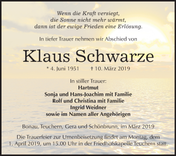Traueranzeige von Klaus Schwarze von Mitteldeutsche Zeitung Weißenfels