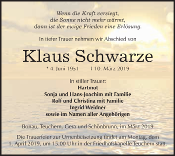 Traueranzeige von Klaus Schwarze von WVG - Wochenspiegel NMB / WSF / ZTZ