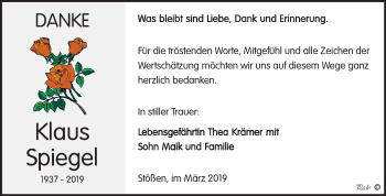 Traueranzeige von Klaus Spiegel von WVG - Wochenspiegel NMB / WSF / ZTZ
