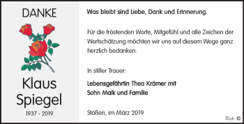 Traueranzeige von Klaus Spiegel von WVG - Wochenspiegel NMB / WSF / ZTZ