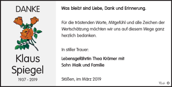 Traueranzeige von Klaus Spiegel von Mitteldeutsche Zeitung Weißenfels
