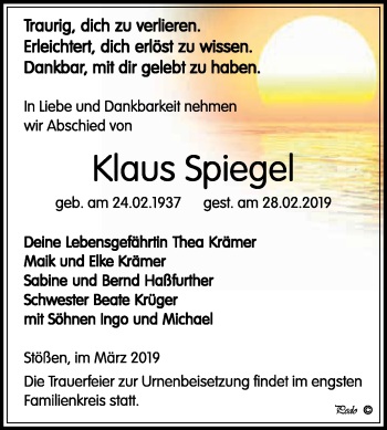 Traueranzeige von Klaus Spiegel von WVG - Wochenspiegel NMB / WSF / ZTZ