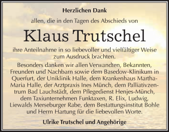 Traueranzeige von Klaus Trutschel von WVG - Wochenspiegel Merseburg