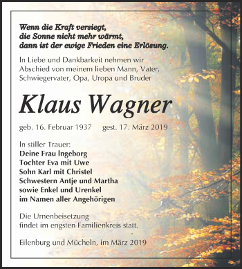 Traueranzeige von Klaus Wagner von WVG - Wochenspiegel Merseburg