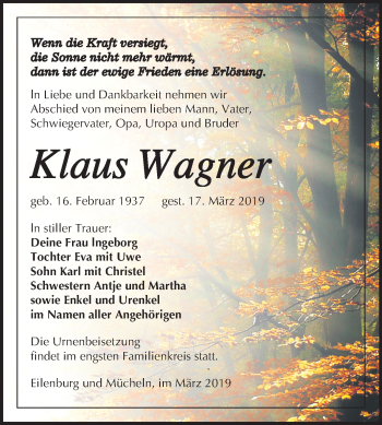 Traueranzeige von Klaus Wagner von Mitteldeutsche Zeitung
