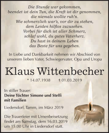 Traueranzeige von Klaus Wittenbecher von WVG - Wochenspiegel SGH