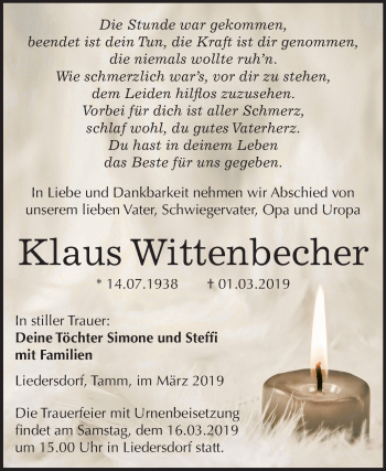 Traueranzeige von Klaus Wittenbecher von Mitteldeutsche Zeitung Sangerhausen