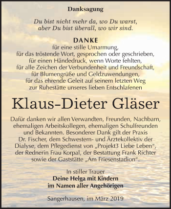 Traueranzeige von Klaus Dieter Gläser von Super Sonntag SGH Mansf. Land