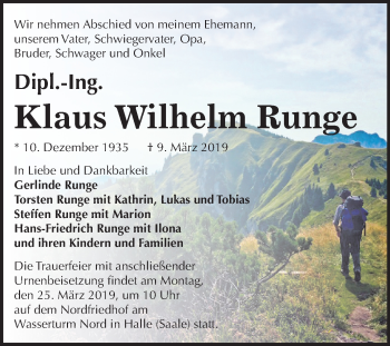 Traueranzeige von Klaus Wilhelm Runge von Mitteldeutsche Zeitung Halle/Saalkreis