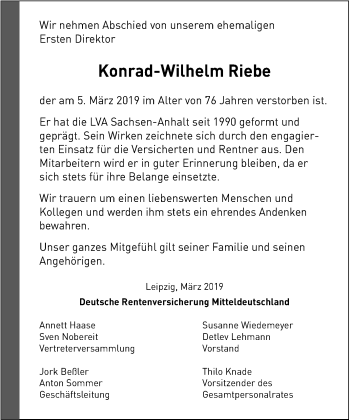Traueranzeige von Konrad-Wilhelm Riebe von Mitteldeutsche Zeitung Halle/Saalkreis