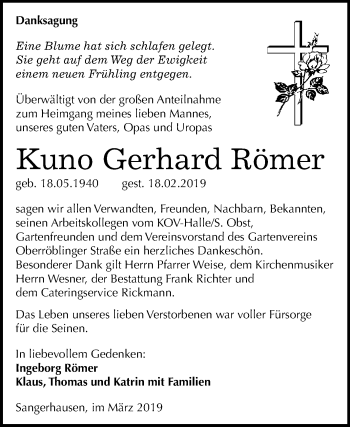 Traueranzeige von Kuno Gerhard Römer von Super Sonntag SGH Mansf. Land