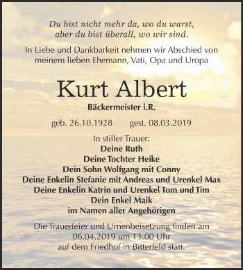 Traueranzeige von Kurt Albert von WVG - Wochenspiegel Bitterfeld