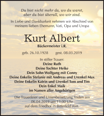 Traueranzeige von Kurt Albert von Mitteldeutsche Zeitung Bitterfeld