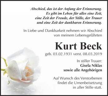 Traueranzeige von Kurt Beck von WVG - Wochenspiegel NMB / WSF / ZTZ