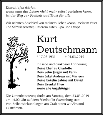 Traueranzeige von Kurt Deutschmann von Mitteldeutsche Zeitung