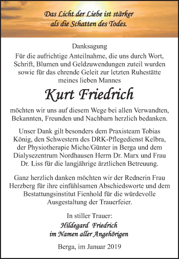 Traueranzeige von Kurt Friedrich von Super Sonntag SGH Mansf. Land