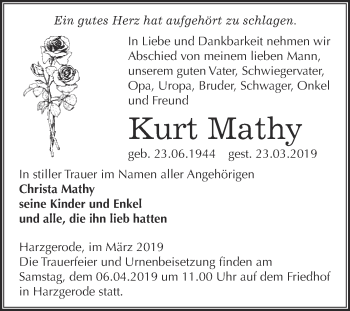 Traueranzeige von Kurt Mathy von Super Sonntag Quedlinburg