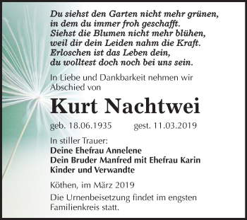 Traueranzeige von Kurt Nachtwei von Mitteldeutsche Zeitung