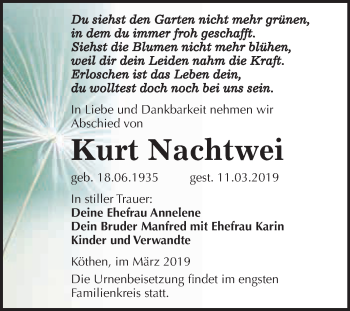 Traueranzeige von Kurt Nachtwei von WVG - Wochenspiegel Dessau / Köthen