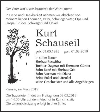 Traueranzeige von Kurt Schauseil von WVG - Wochenspiegel Bitterfeld
