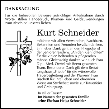 Traueranzeige von Kurt Schneider von WVG - Wochenspiegel Dessau / Köthen