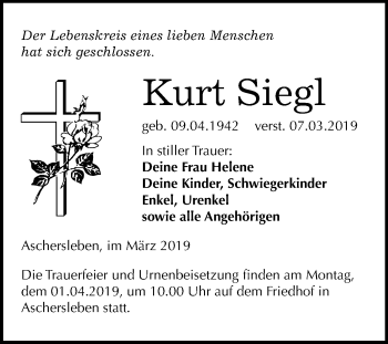 Traueranzeige von Kurt Siegl von Mitteldeutsche Zeitung Aschersleben