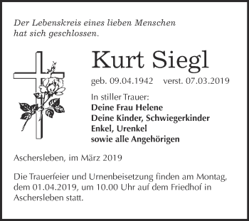 Traueranzeige von Kurt Siegl von Super Sonntag Aschersleben