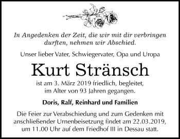 Traueranzeige von Kurt Stränsch von WVG - Wochenspiegel Dessau / Köthen