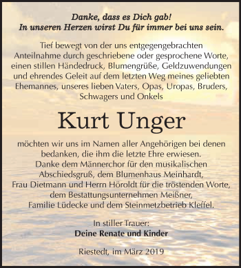 Traueranzeige von Kurt Unger von Super Sonntag SGH Mansf. Land