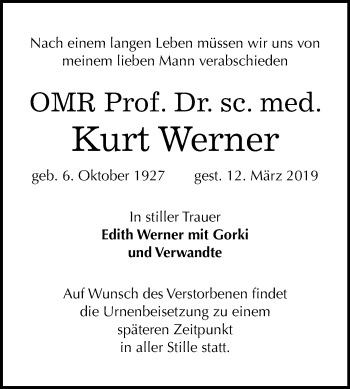 Traueranzeige von Kurt Werner von Mitteldeutsche Zeitung Halle/Saalkreis