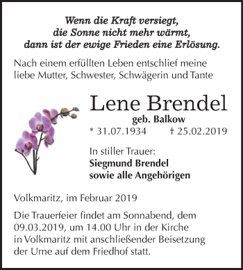 Traueranzeige von Lene Brendel von Mitteldeutsche Zeitung Sangerhausen