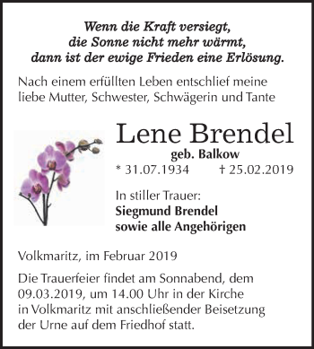 Traueranzeige von Lene Brendel von Super Sonntag SGH Mansf. Land
