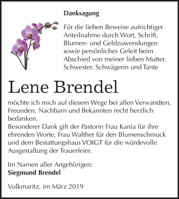 Traueranzeige von Lene Brendel von Mitteldeutsche Zeitung Mansfelder Land