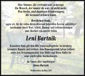 Traueranzeige von Leni Bartnik von Super Sonntag Aschersleben