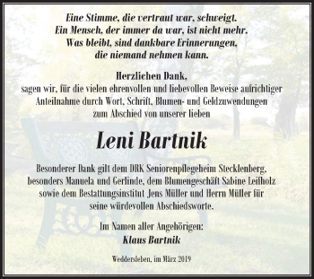 Traueranzeige von Leni Bartnik von Mitteldeutsche Zeitung Quedlinburg